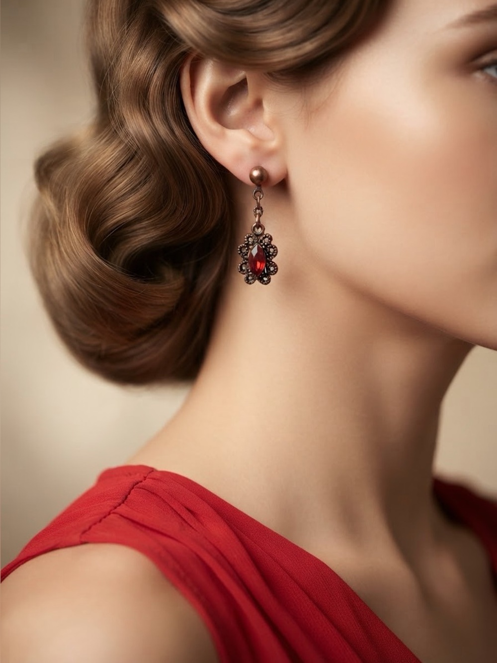 Vintage Gothic Dangle Earrings | Copper Tone Red Rhinestone Victorian Earrings